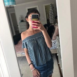 Off the shoulder blue and white striped top!